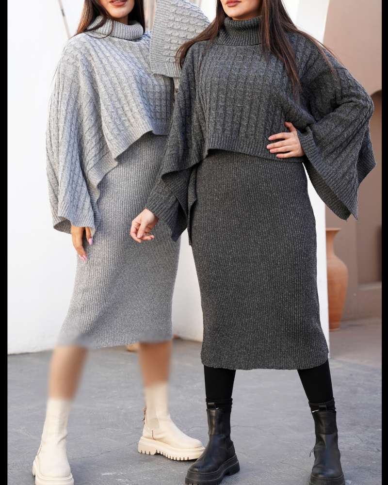 ست بافت سارافون و بلوز آستین کیمونو طرح مار پیچ یقه شل زنانه کد 1929