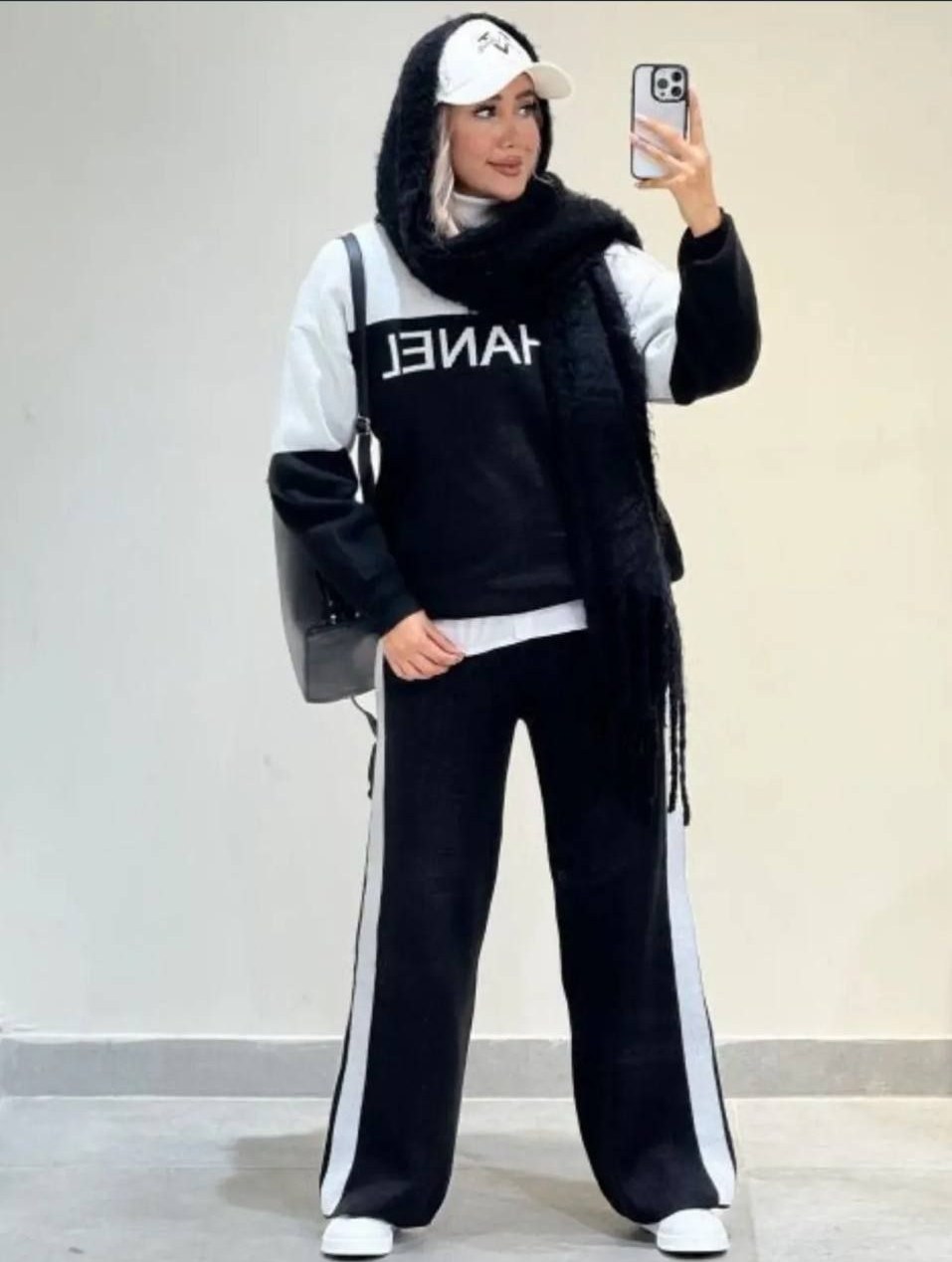 ست بافت زنانه بلوز شلوار دو رنگ طرح چنل chanel آستین بلند شلوار بغل خط کد 1933