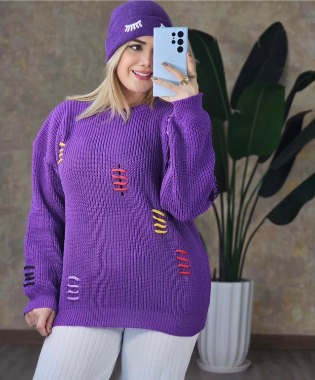 بلوز بافت زنانه طرح بخیه های رنگی آستین بلند یقه گرد لش کد 1934