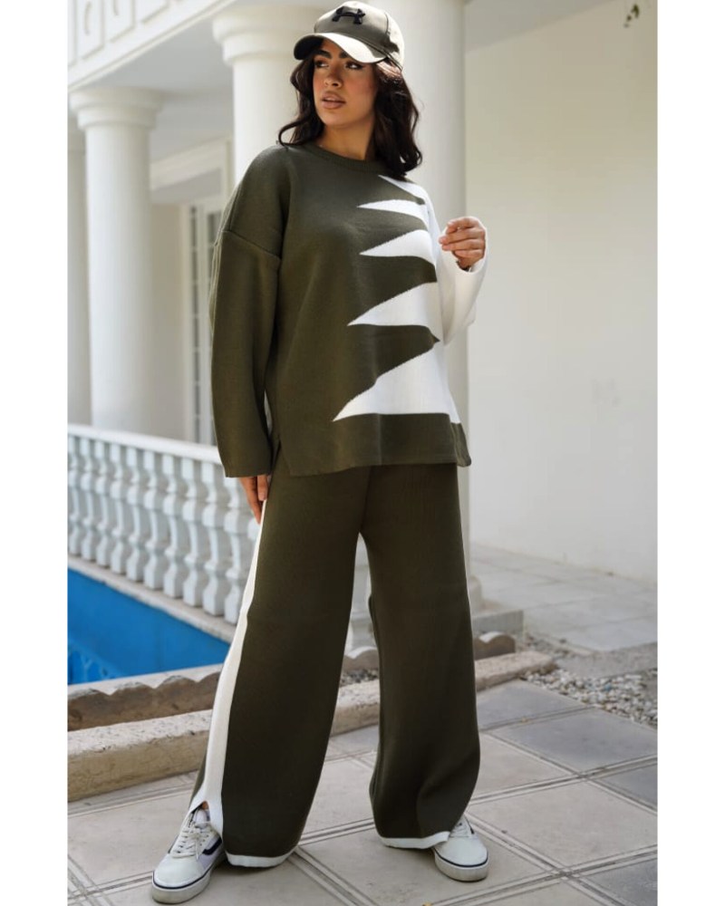 ست بافت زنانه بلوز شلوار طرح خورشید یقه گرد کد 1943