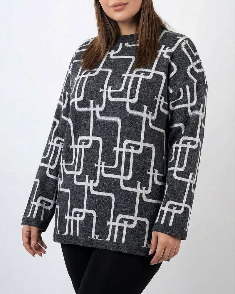 بلوز بافت زنانه طرح اشکال هندسی یقه گرد آستین بلند کد 1914