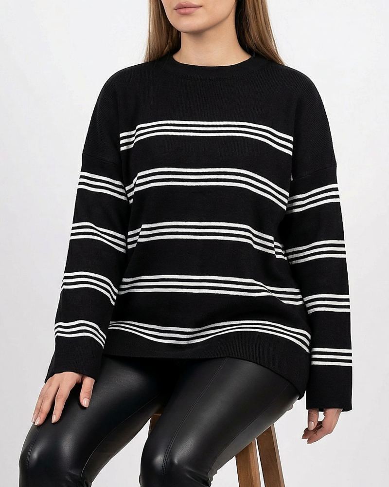 بلوز بافت زنانه سه خط راه راه آستین بلند یقه گرد کد 1935