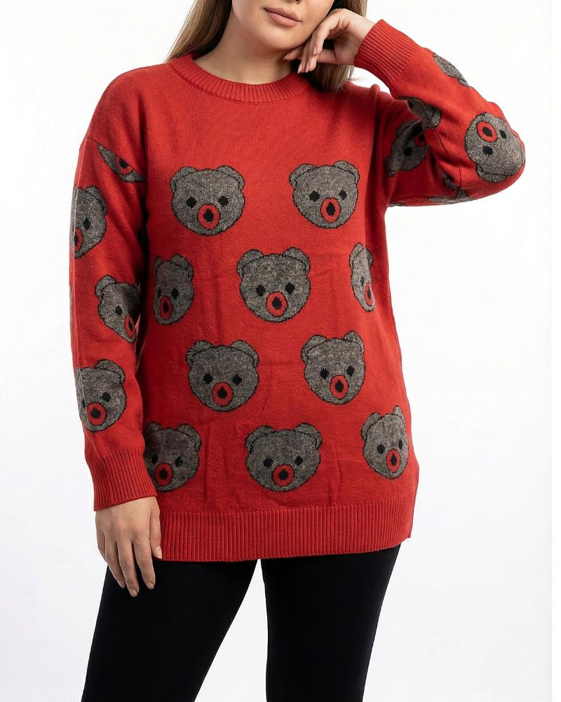 تونیک بافت زنانه طرح خرس تدی یقه گرد آستین بلند ریز بافت کد 1938