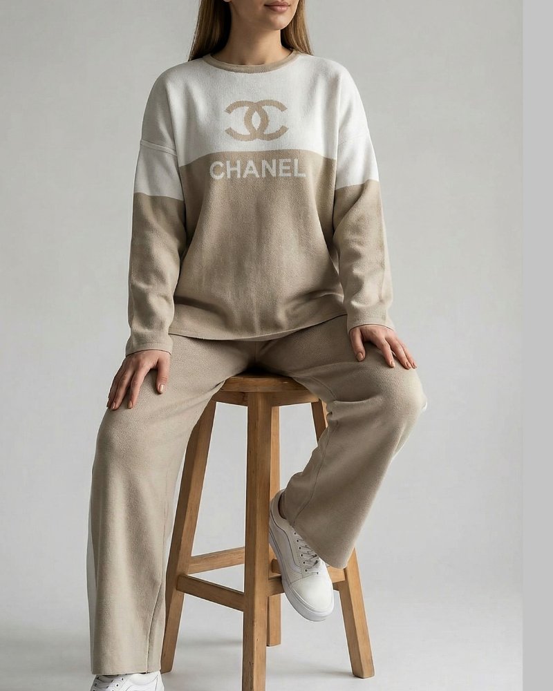 ست بافت زنانه بلوز شلوار دو رنگ طرح چنل chanel آستین بلند شلوار بغل خط کد 1933