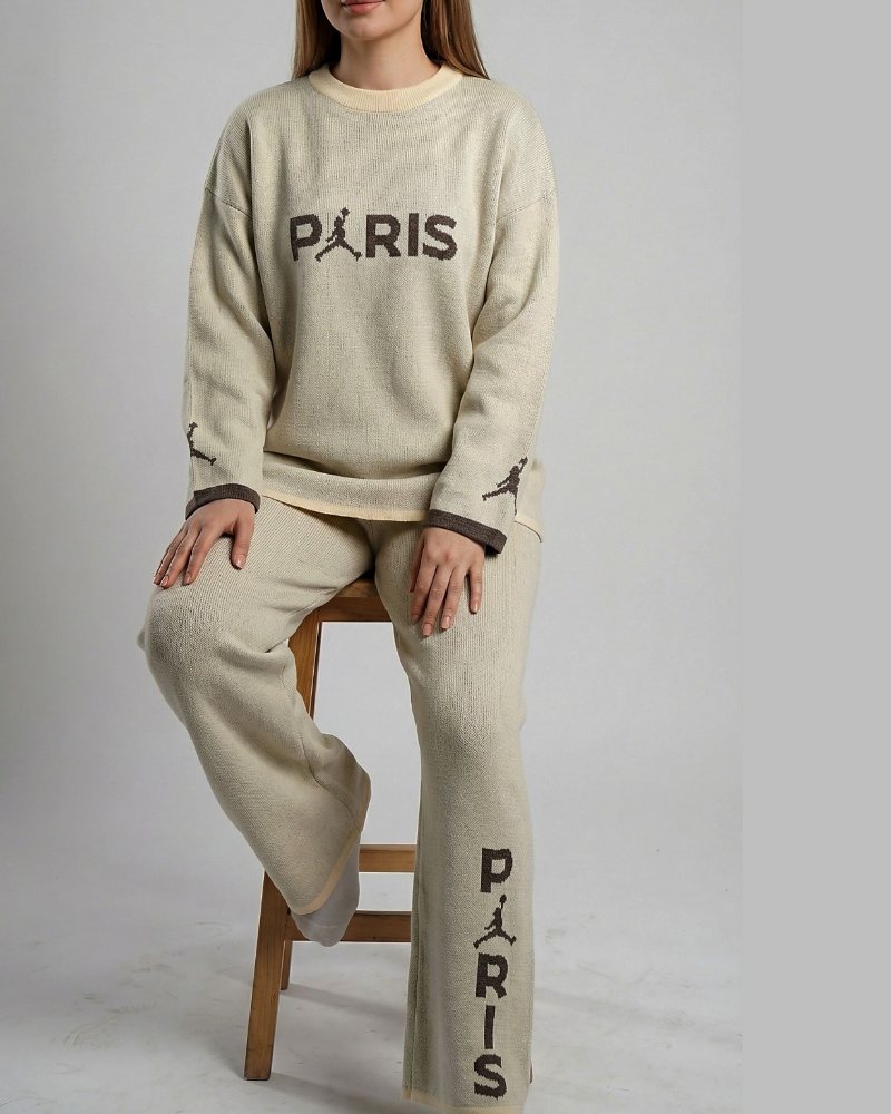 ست بافت زنانه بلوز شلوار نوشته پاریس paris یقه گرد آستین بلند کد 1951