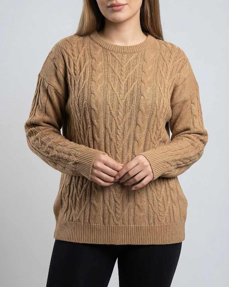 بلوز بافت زنانه طرح کابلی برجسته طناب یقه گرد آستین بلند کد 1910