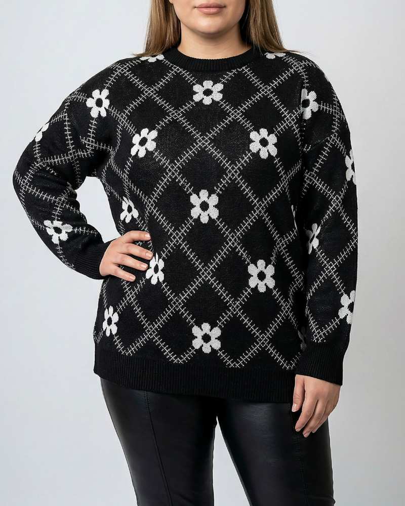 بلوز بافت زنانه سایز بزرگ پلاس گل گلی یقه گرد آستین بلند