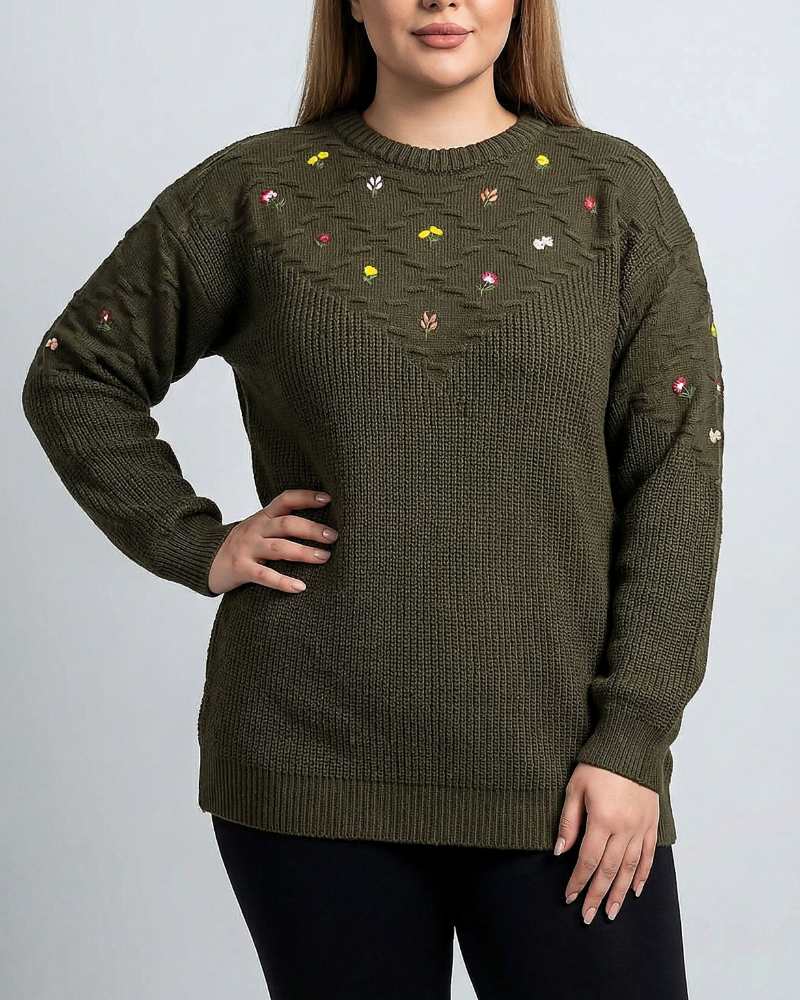 بلوز بافت زنانه سایز بزرگ پلاس گلدوزی جودان بافت یقه گرد کد 1956