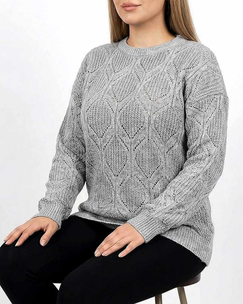 بلوز بافت زنانه طرح برگی یقه گرد آستین بلند کد 1954