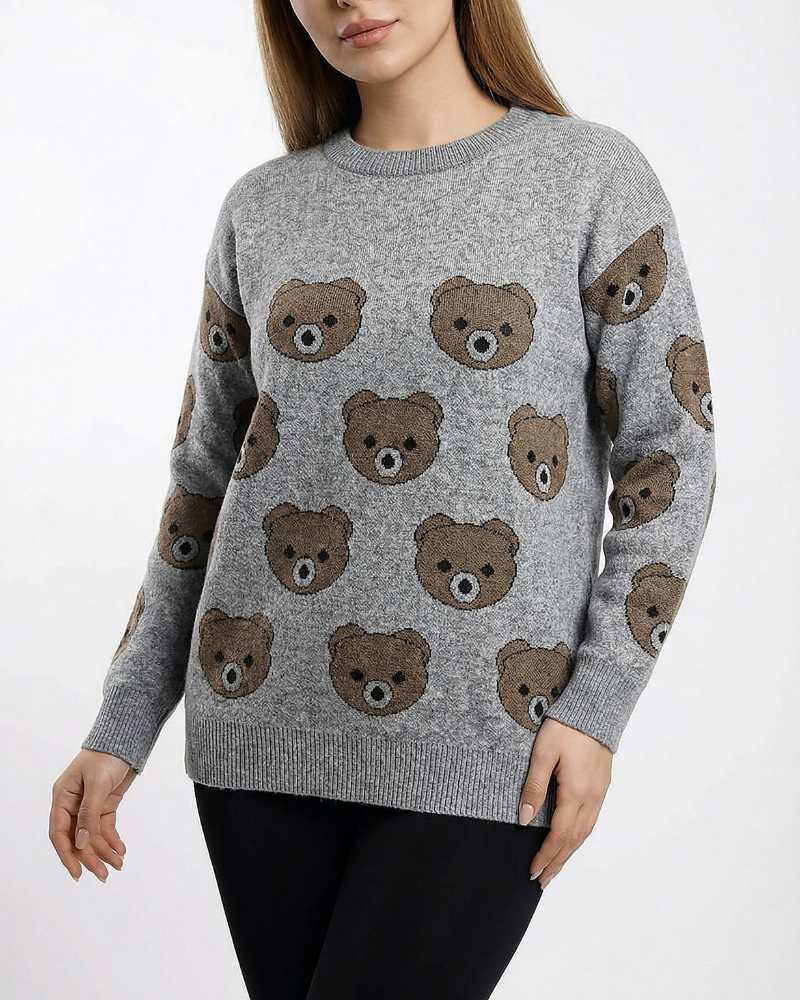 بلوز بافت زنانه ریز بافت طرح خرس تدی یقه گرد آستین بلند کد 1959