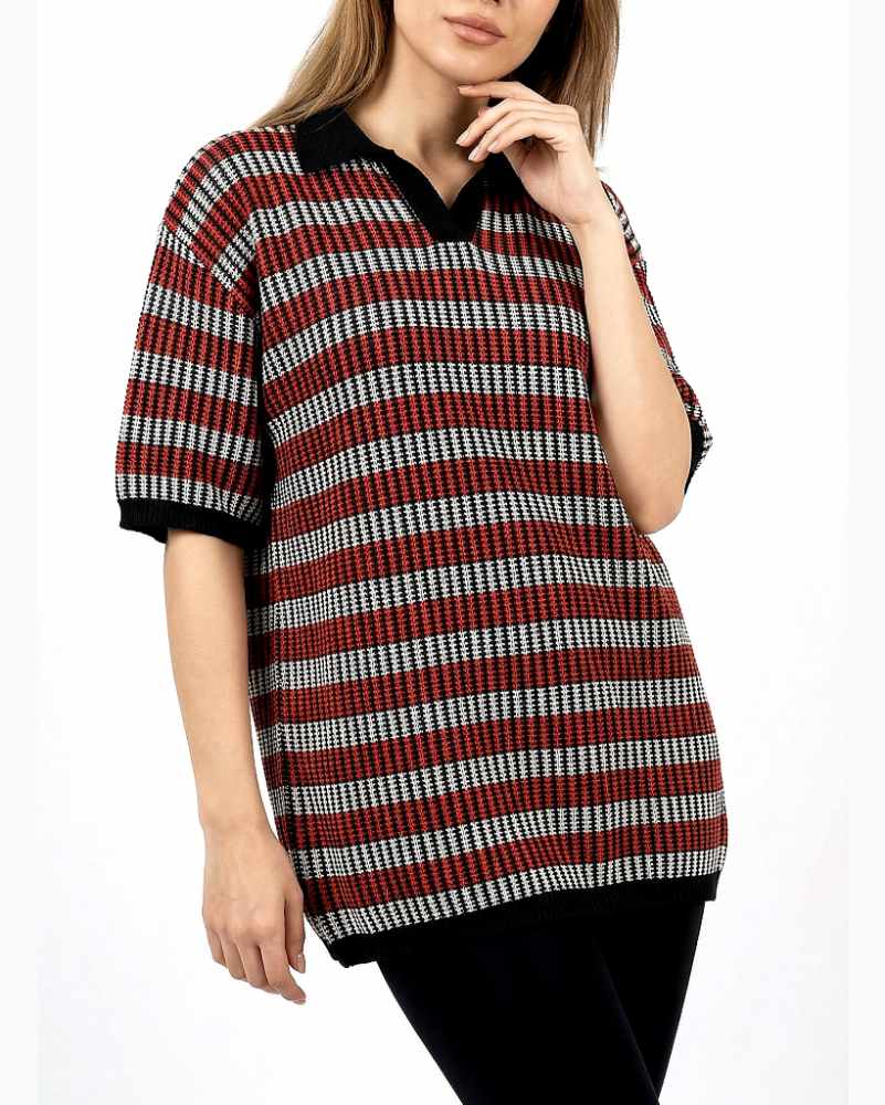 پولوشرت زنانه کش بافت طرح زیپ رنگ ترکیبی کد. 1986