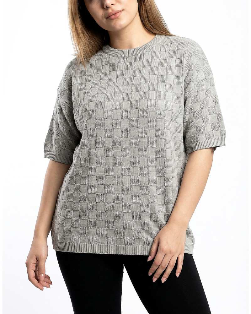 تیشرت باکسی زنانه یقه گرد طرح مربعی قواره آزاد کد 1989