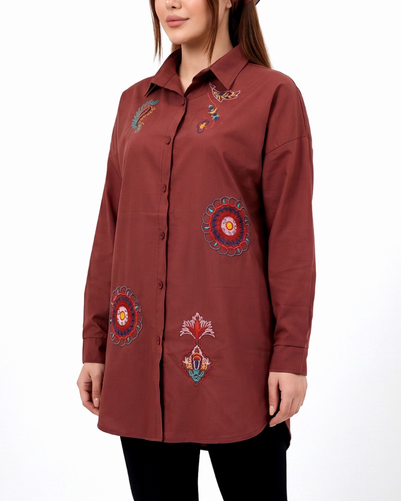 تونیک دکمه دار گلدوزی سنتی زنانه آستین بلند پایین حلالی پوشاک کاج کد 1996